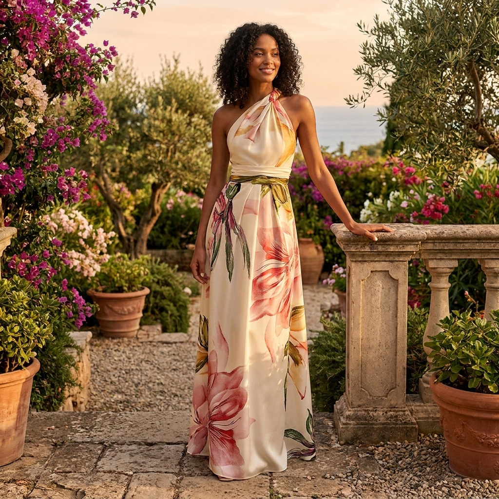 Halter Maxi Dress – Printed Asymmetric Draped Silhouette