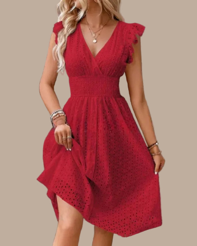Eyelet Midi Dress – Surplice V-Neck & Ruffle Cap Sleeve
