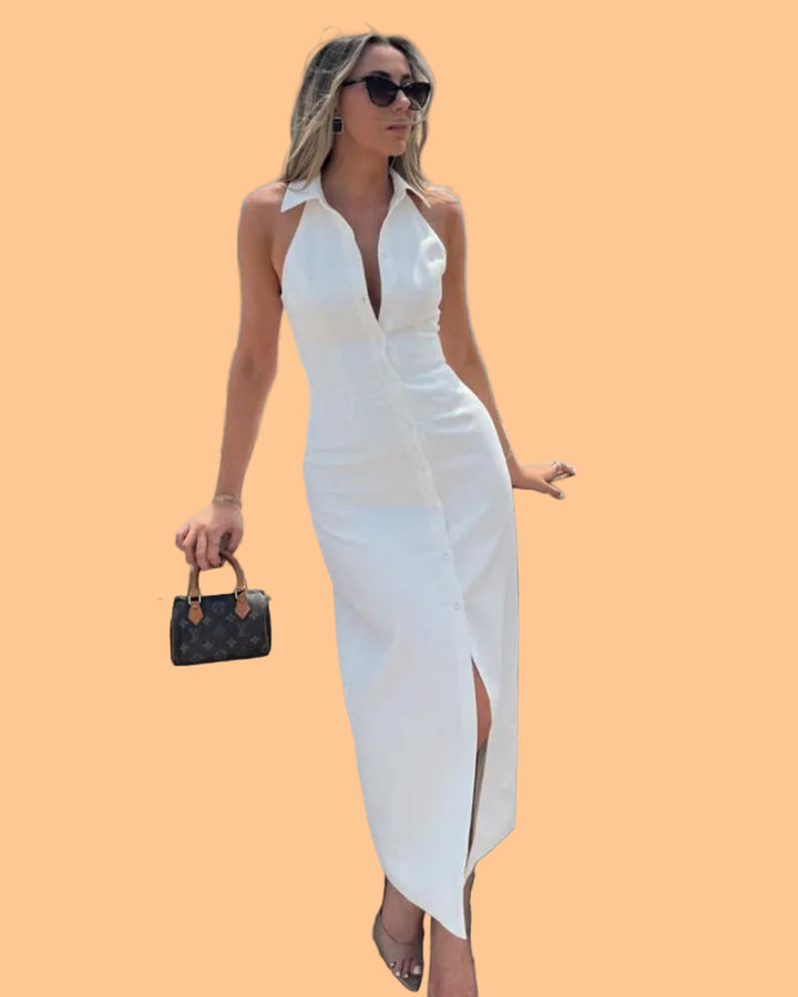 Midi Halter Dress – Collared Neckline & Front Button Slit