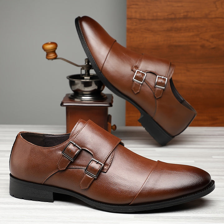 Men's Genuine Leather Double Monk Strap Shoes – Cap Toe Pointed Heel
