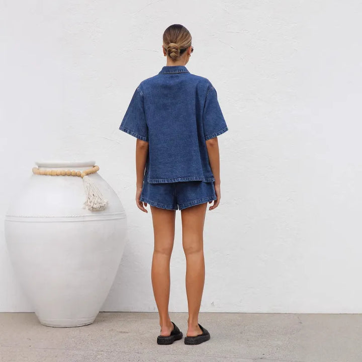Women's Denim Two-Piece Set – Boxy Shirt & High-Rise Shorts
