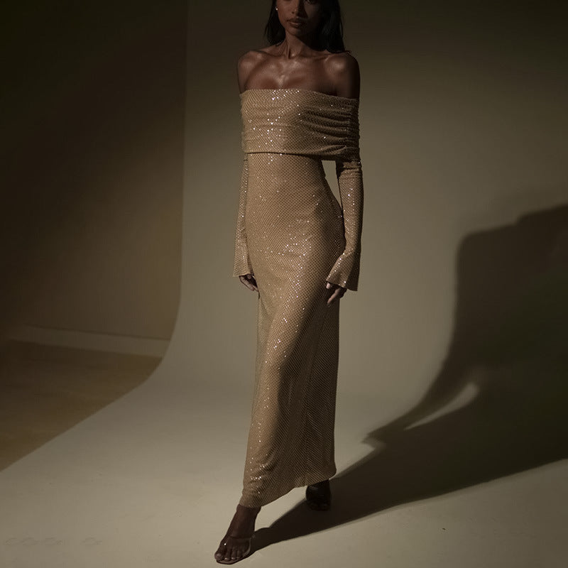 Bodycon Off Shoulder Maxi Dress – Shimmer Stretch Gown
