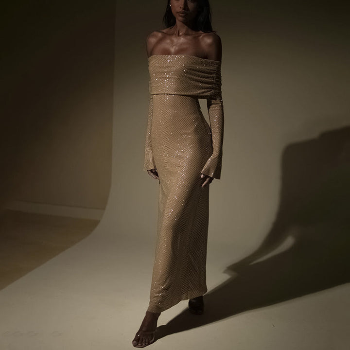 Bodycon Off Shoulder Maxi Dress – Shimmer Stretch Gown