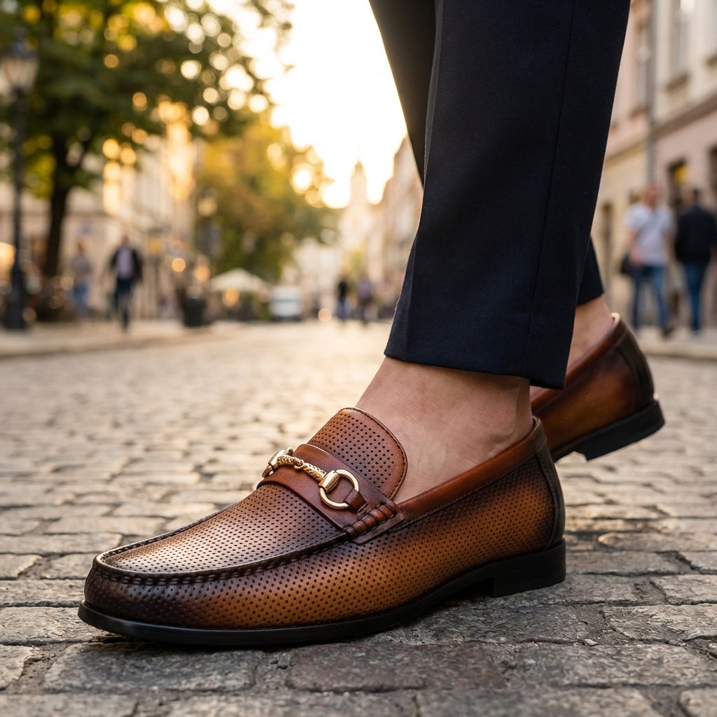 Men's Cowhide Leather Perforated Loafers – Cushioned Non-Slip Outsole