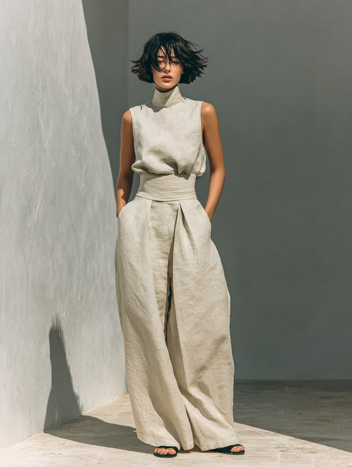 Women's Two Piece Set – Sleeveless Wide-Leg Relaxed Tailored