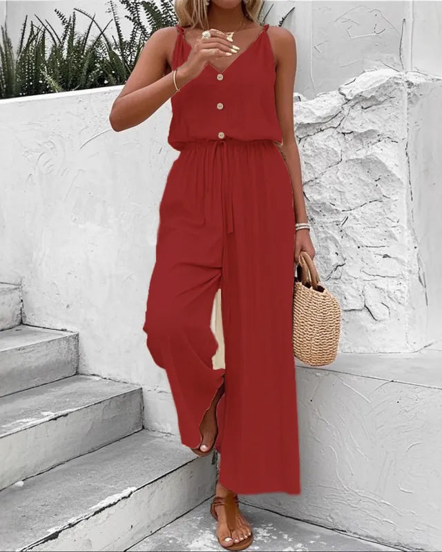 Wide-Leg Jumpsuit for Women – Sleeveless V-Neck Relaxed Fit