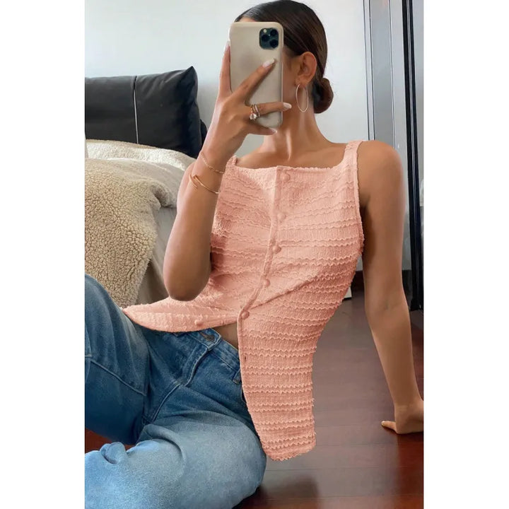 Women's Textured Sleeveless Top – Square Neck Button Front