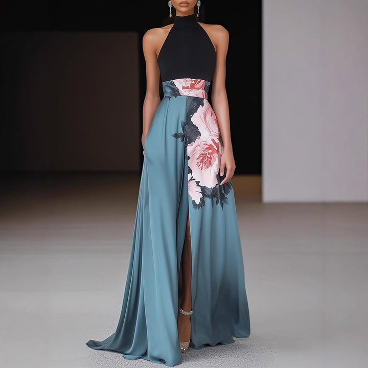Women's Floral Print Halter Neck Maxi Dress – Front Slit