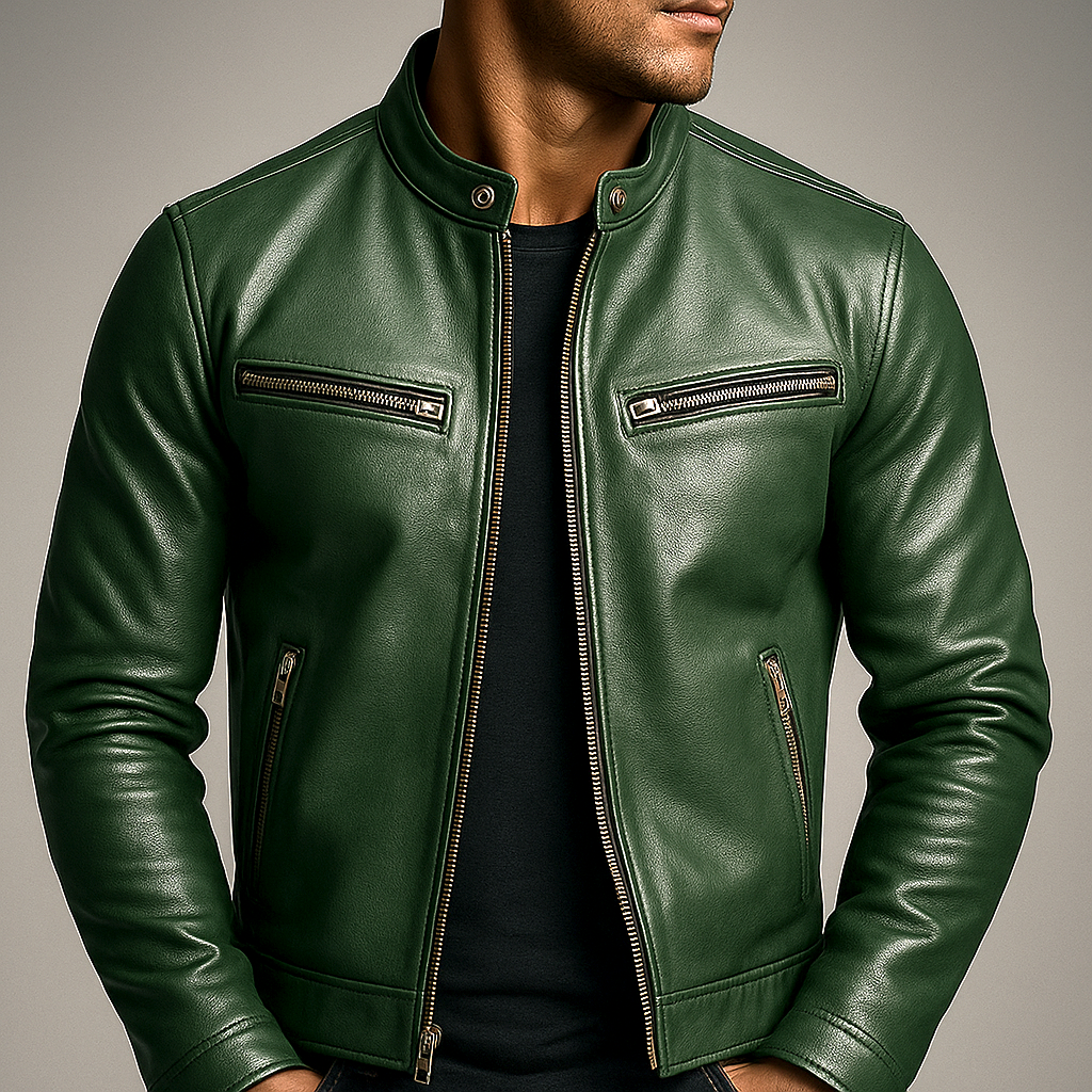 Men's Vegan Leather Vintage Jacket – Four Pockets Metal Zipper Lined