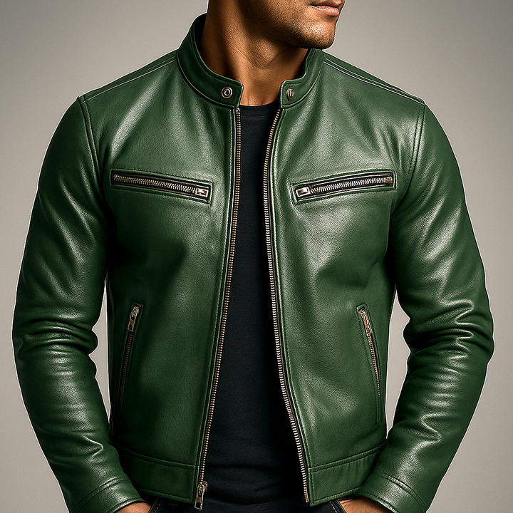 Men's Vegan Leather Vintage Jacket – Four Pockets Metal Zipper Lined