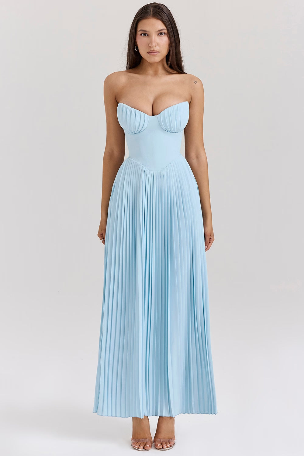 Women's Corset Bodice Strapless Midi Dress – Sweetheart Pleated Skirt