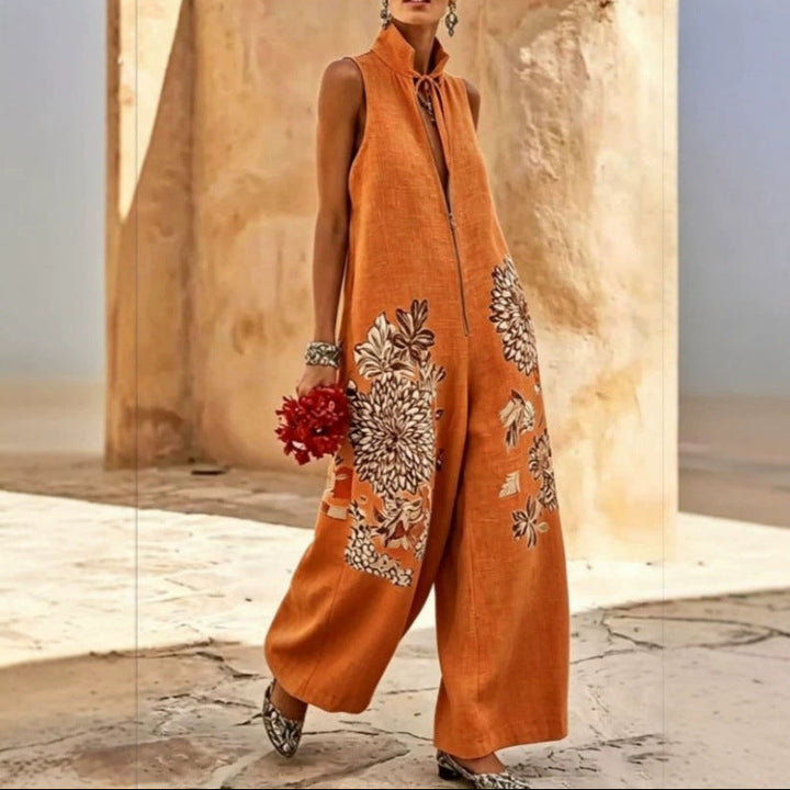 Women's Floral Wide Leg Jumpsuit – Sleeveless High Waist