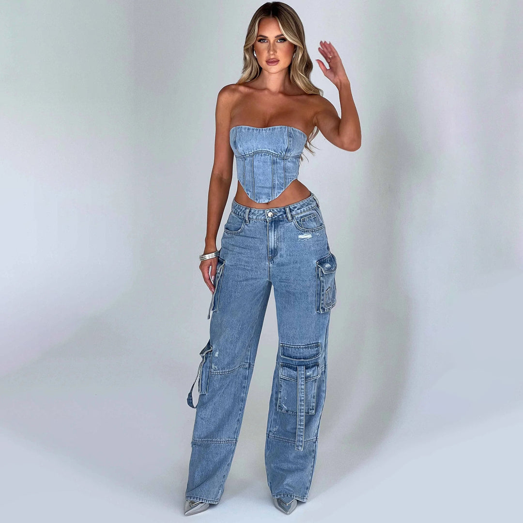 Women's Low Waist Denim Cargo Trousers – Pocket Stitch Detail & Straight Leg