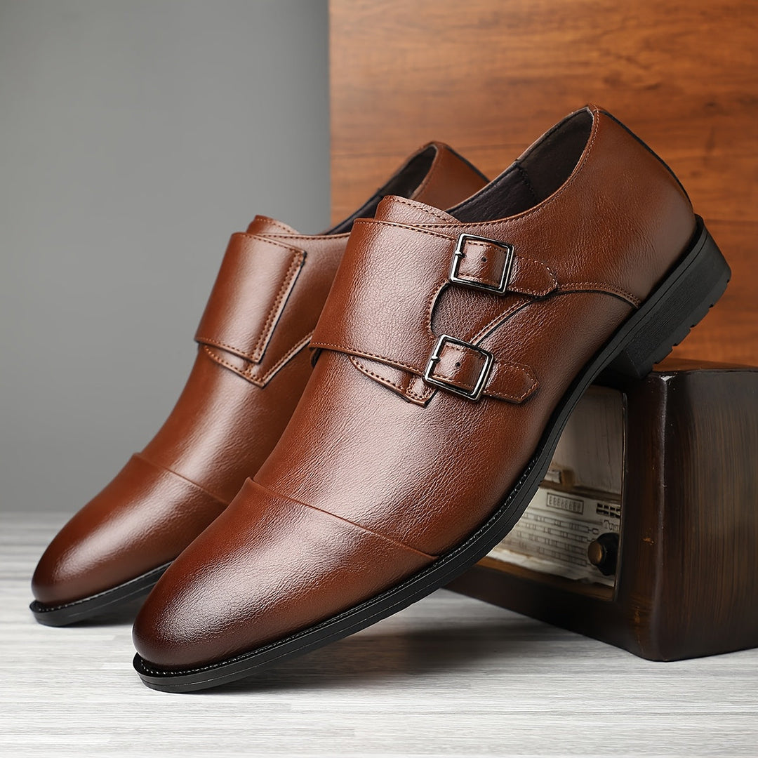 Men's Genuine Leather Double Monk Strap Shoes – Cap Toe Pointed Heel