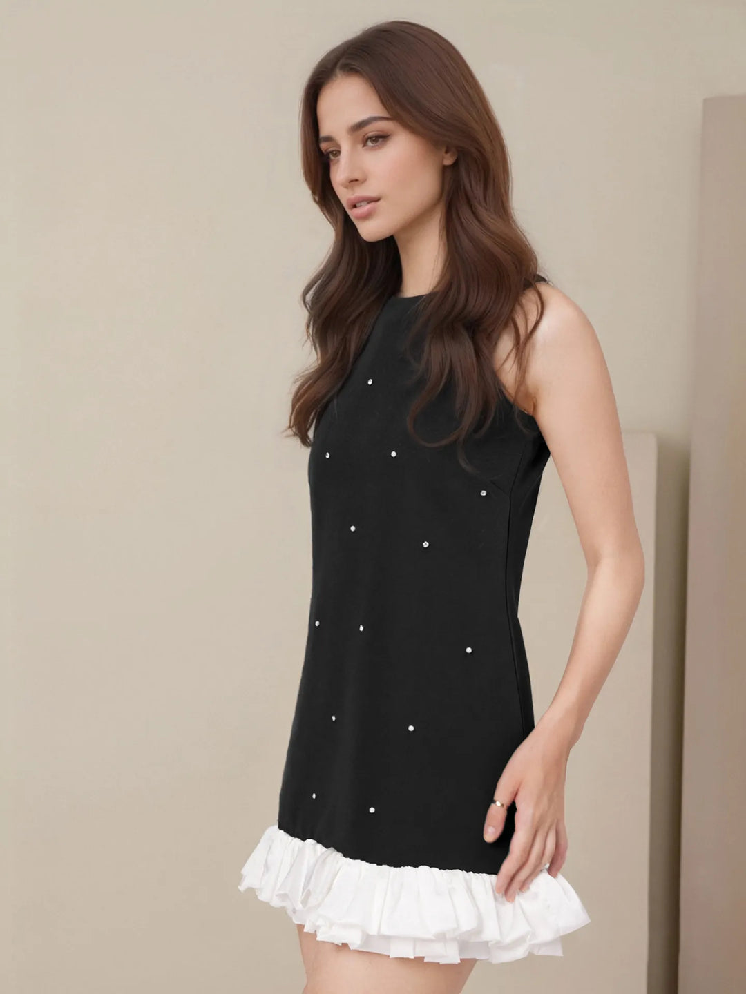 Women's Sleeveless Mini Dress – Pearl Embellished Ruffle Hem