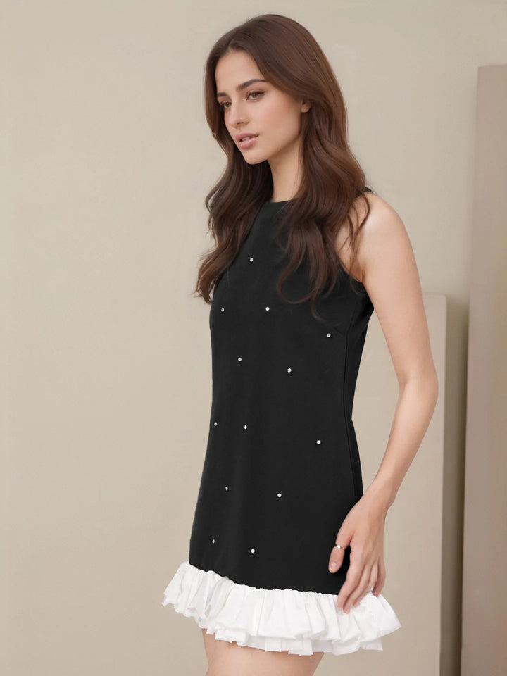 Women's Sleeveless Mini Dress – Pearl Embellished Ruffle Hem