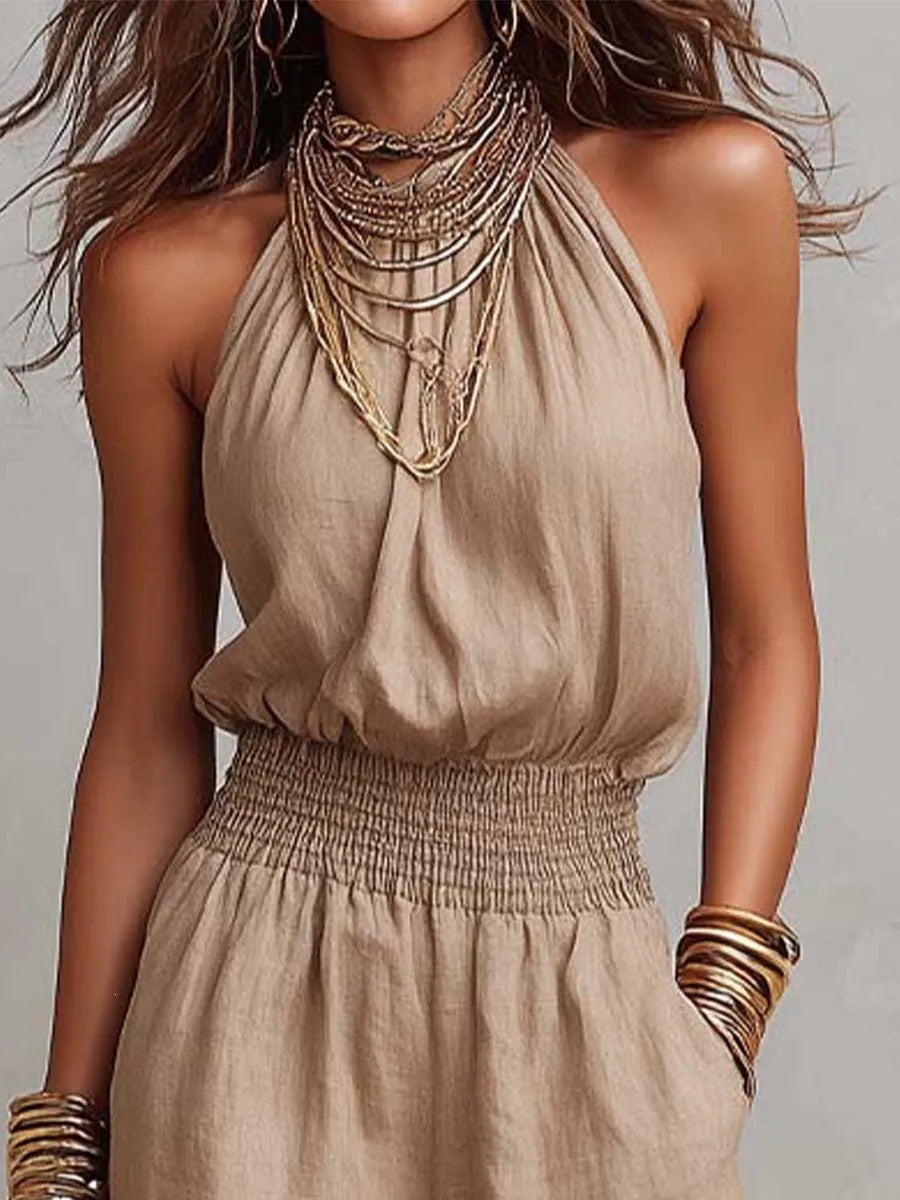 Women's Halter Neck Jumpsuit – Smocked Waist & Wide-Leg Fit