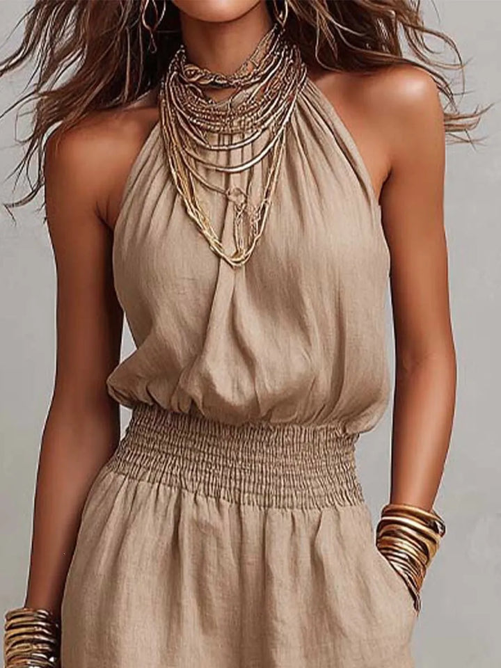 Women's Halter Neck Jumpsuit – Smocked Waist & Wide-Leg Fit