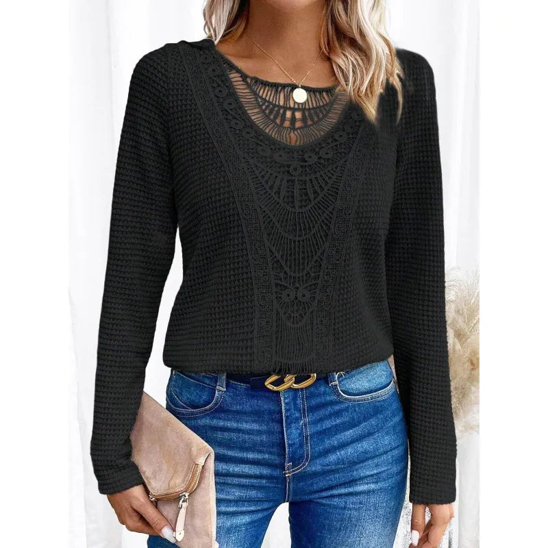 Women's Lace Panel Knit Top – Long Sleeve Round Neck