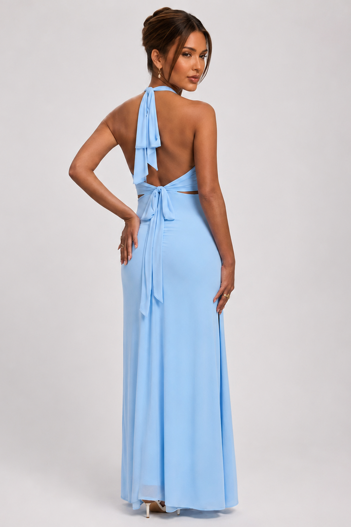 Maternity Maxi Dress – Halter Neck Open Back Side Slit Gown