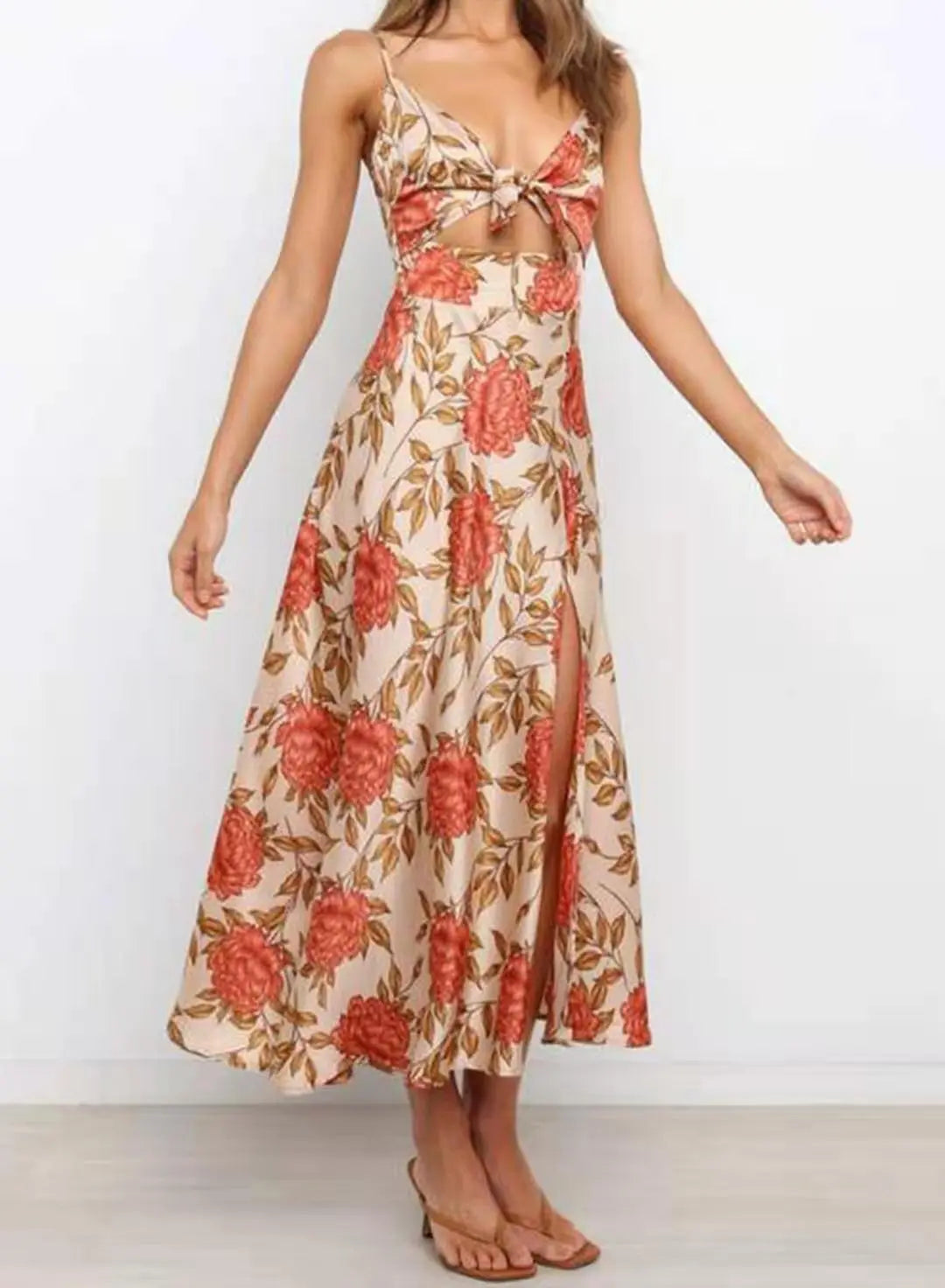 Women's Floral Tie-Front Cutout Midi Dress – Adjustable Straps