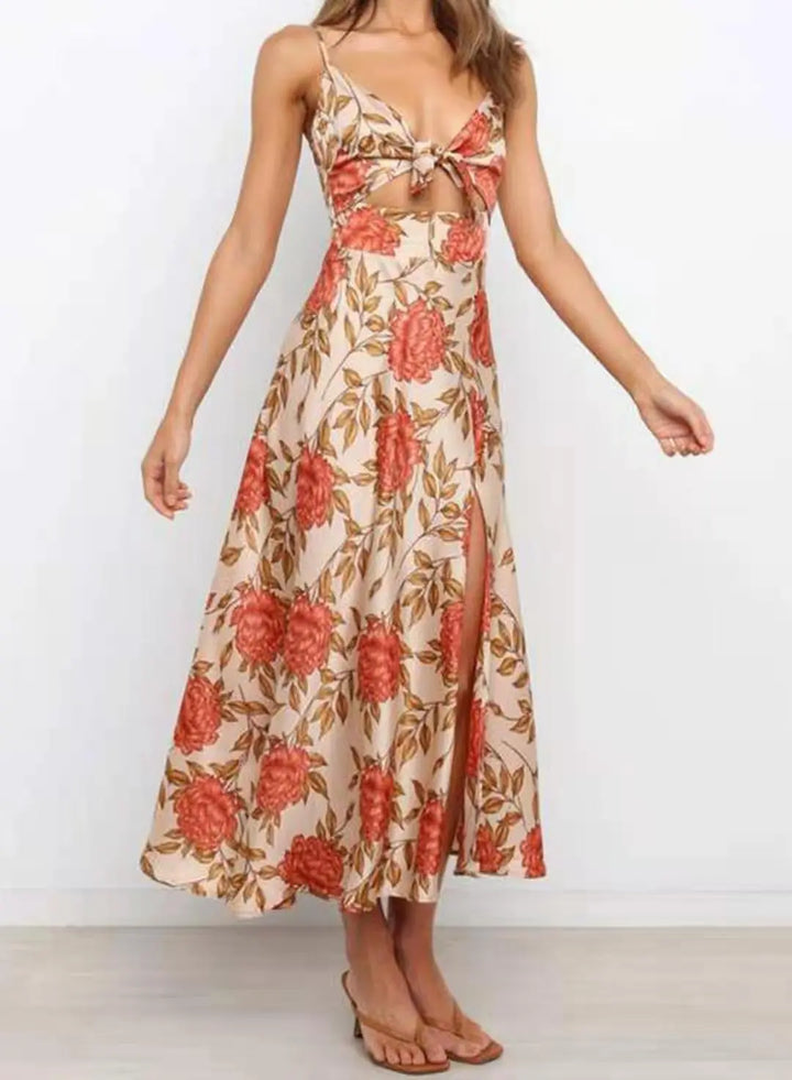 Women's Floral Tie-Front Cutout Midi Dress – Adjustable Straps
