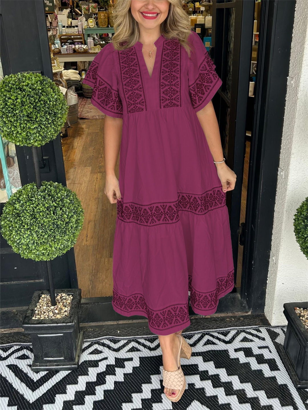 Women's Boho V-Neck Midi Dress Short Sleeve – Flowing Intricate Pattern