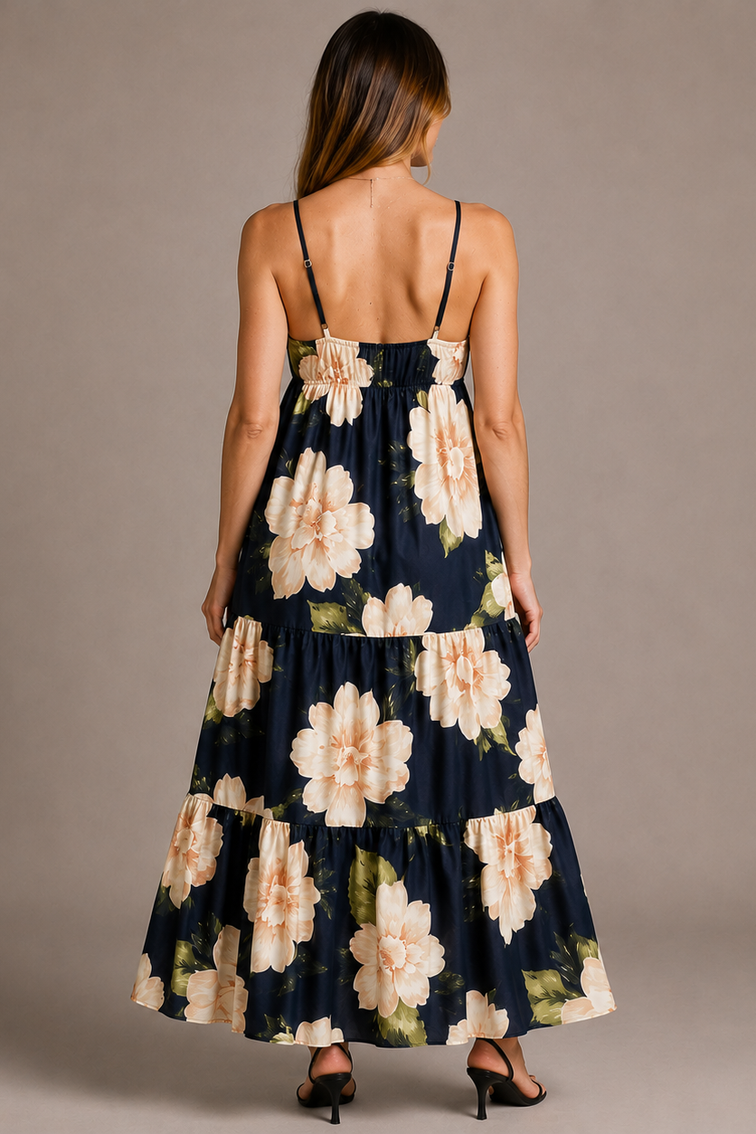 Maternity Maxi Dress – Floral V-Neck Open Back Empire Waist