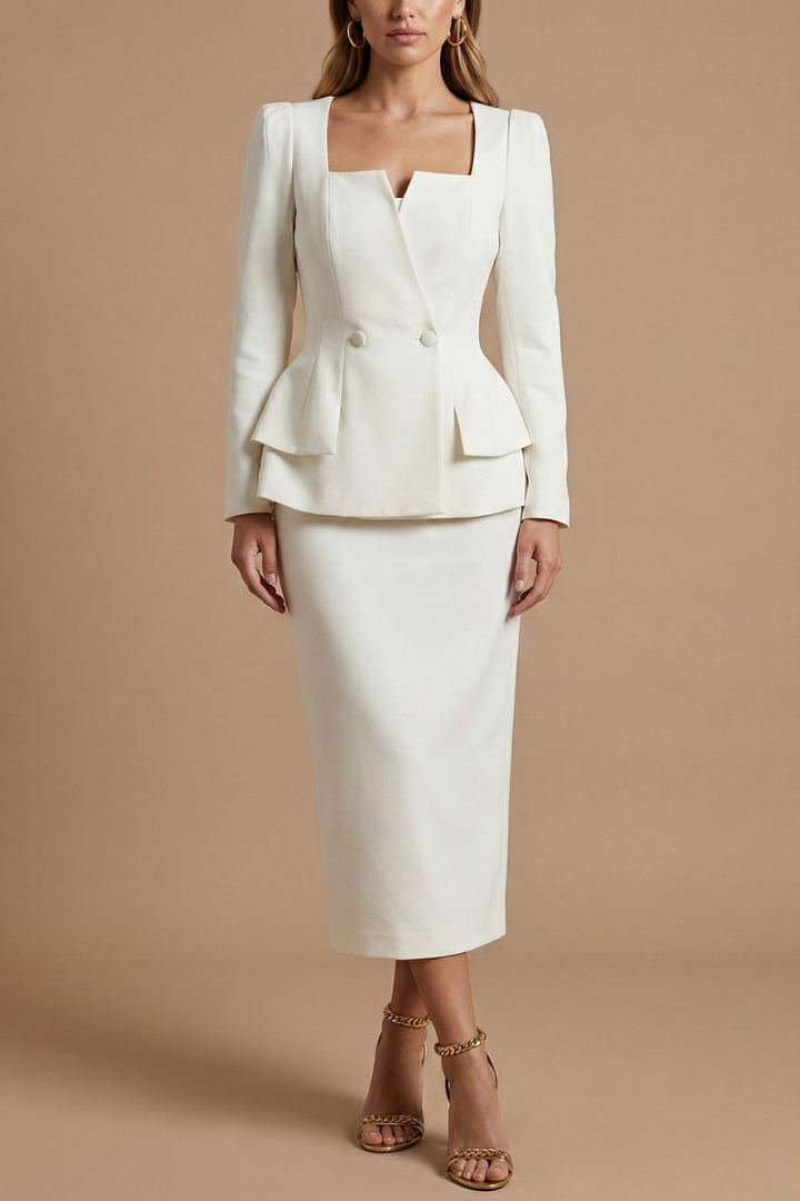 Women's Double-Breasted Blazer Midi Skirt Set – Peplum Square Neck