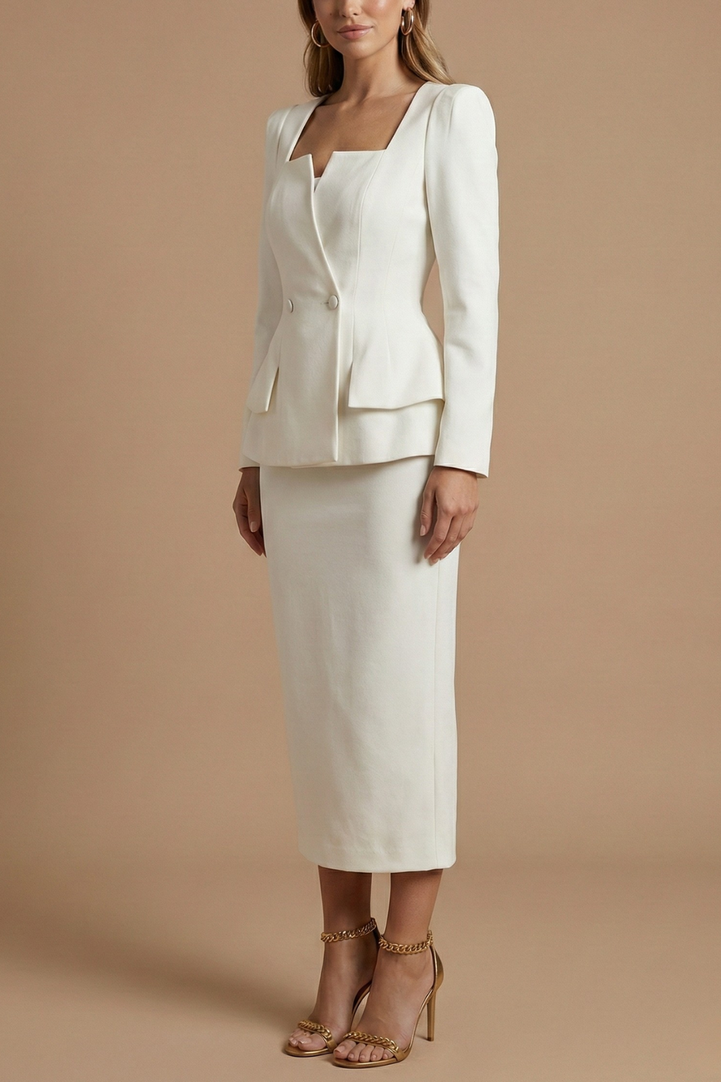 Women's Double-Breasted Blazer Midi Skirt Set – Peplum Square Neck