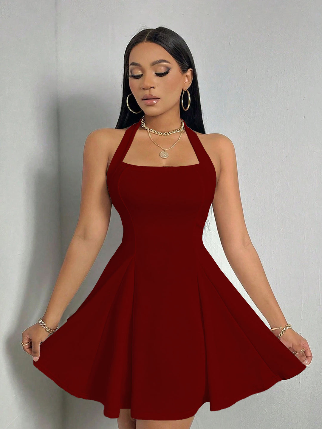 Halter Neck Mini Dress – Women's A-Line Sleeveless Cut