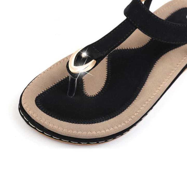 Women's Arch Support Flat Sandals Adjustable T-Strap – Massaging Footbed