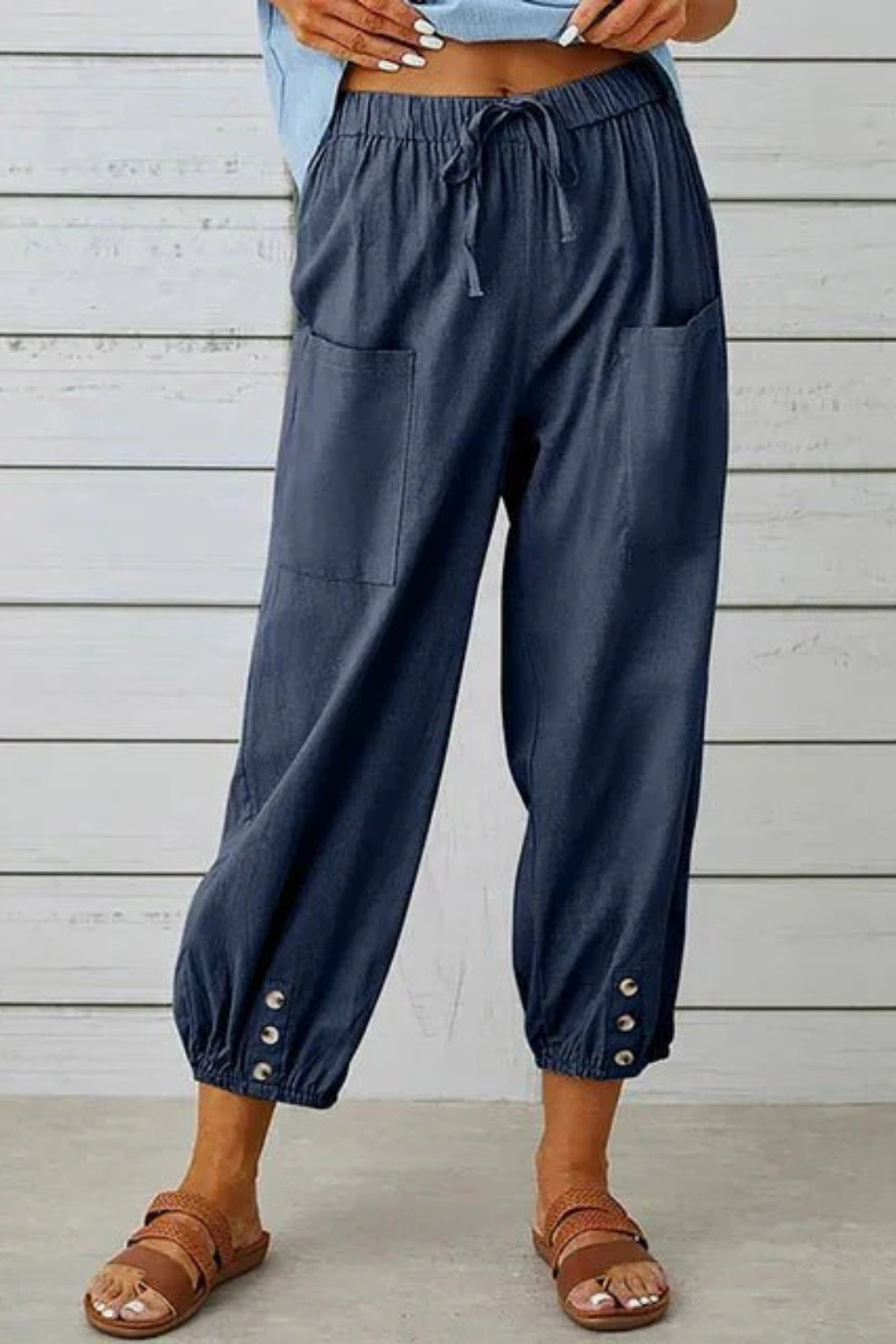 Women's Linen Cropped Pants – Drawstring Waist & Button Hem