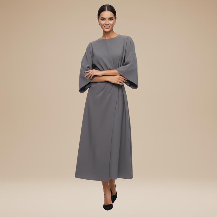 Women's Belted Wrap Midi Dress – Wide Flowing Sleeves Draped Waist