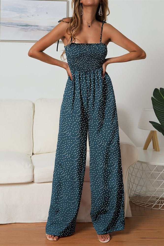Women's Wide Leg Jumpsuit – Smocked Bodice & Spaghetti Straps