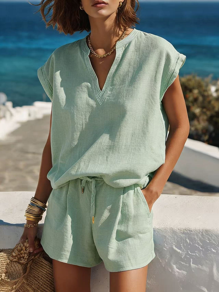 Women's Cap Sleeve V-Neck Two Piece Set – Drawstring Shorts