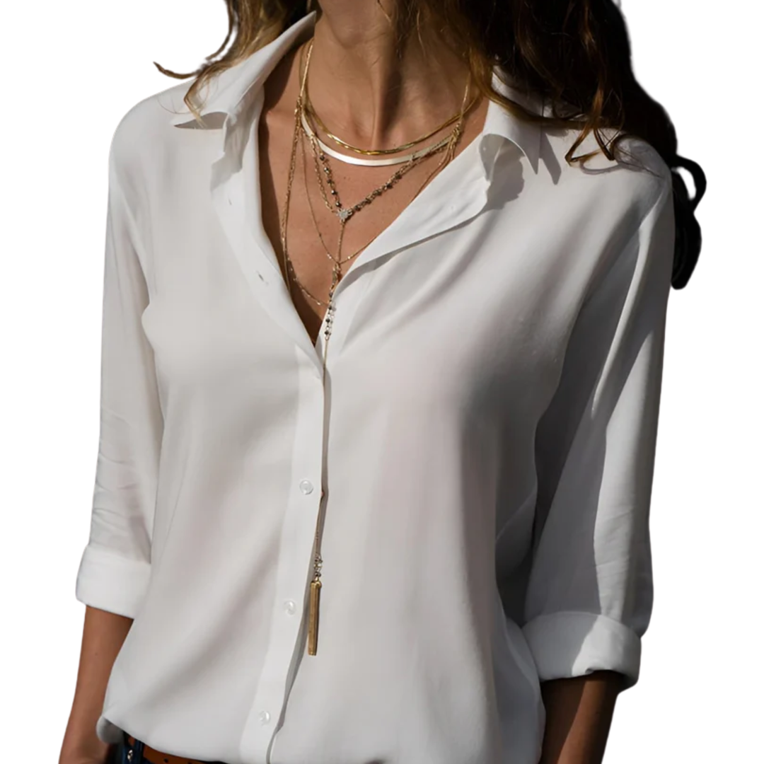 Women's Button-Front Blouse – Fluid V-Neck Long Sleeve