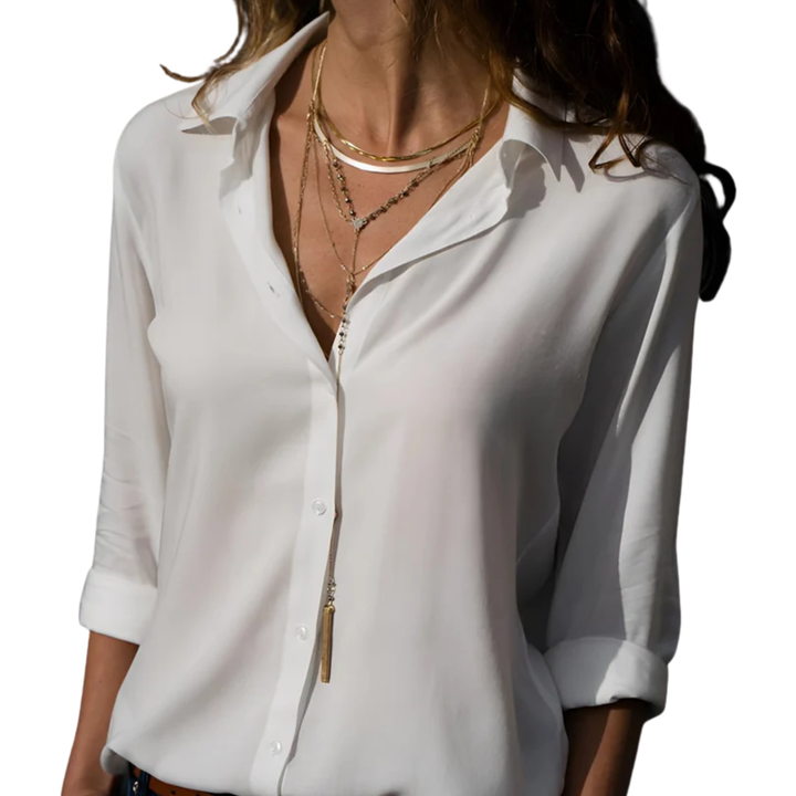 Women's Button-Front Blouse – Fluid V-Neck Long Sleeve
