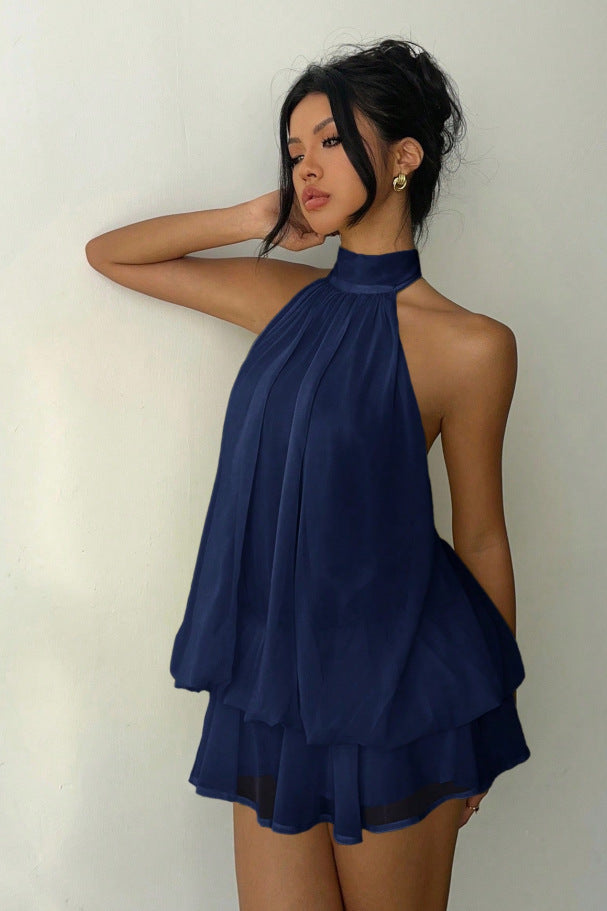 Women's Chiffon Mini Dress – Tiered Ruffle Halter Neck