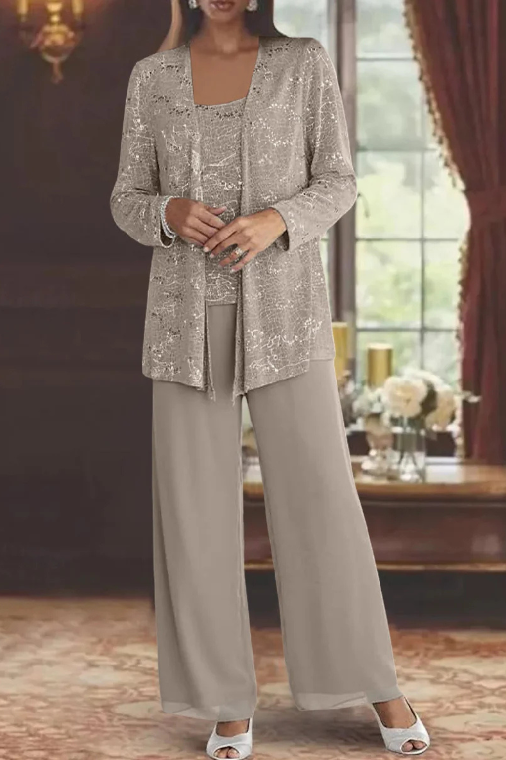 Sequin Lace Three-Piece Suit – Women's Wide Leg Trouser Set