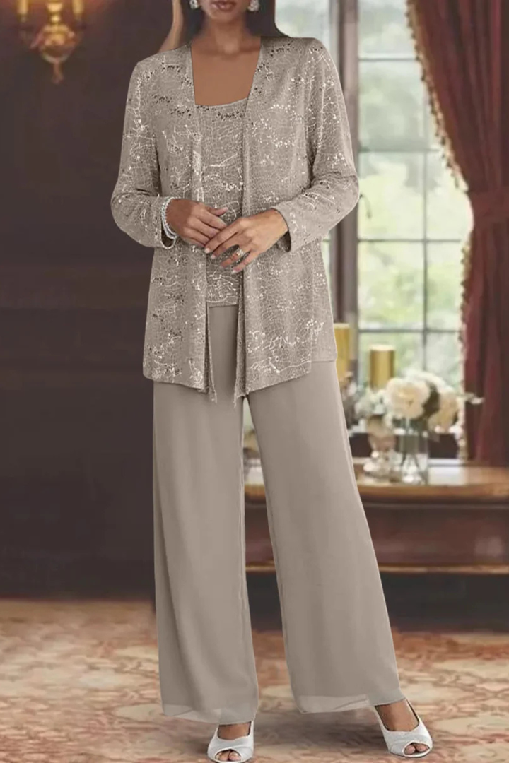 Sequin Lace Three-Piece Suit – Women's Wide Leg Trouser Set