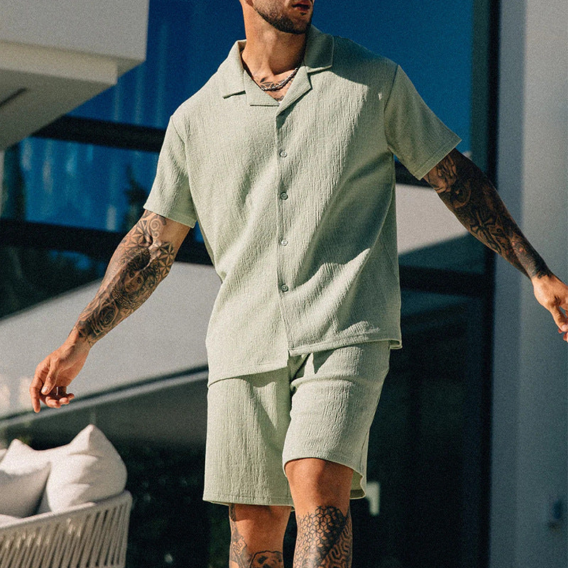 Men's Textured Short Sleeve Shirt Shorts Set – Cuban Collar Button