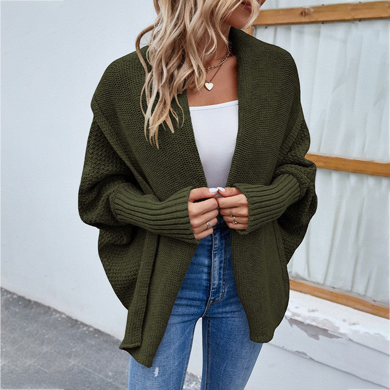 Women's Open-Front Knit Cardigan – Oversized Batwing Shawl Collar