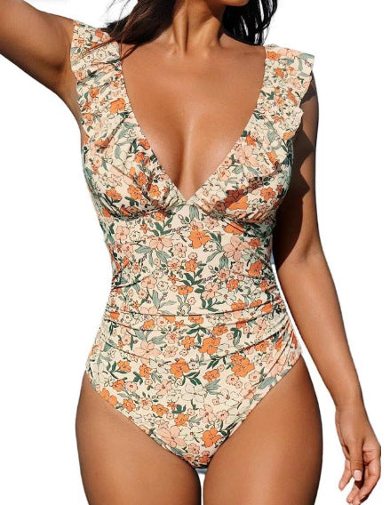 Women's V-Neck One-Piece Swimsuit Flounce Trim – Ruched Belly Lace-Up Front