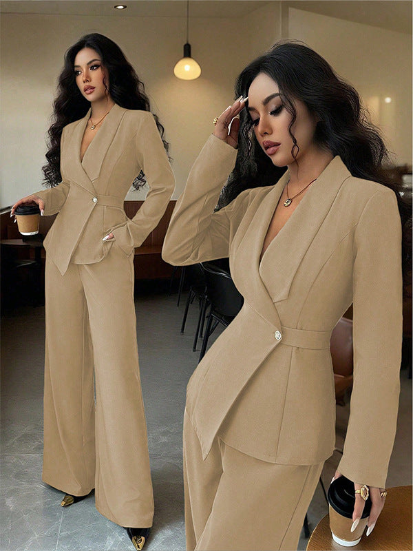 Women's V-Neck Long Sleeve Top & Wide Leg Trouser Set