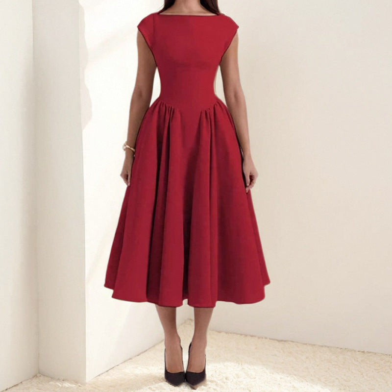 Open Back Midi Dress – Backless Fitted Waist & Flowing Skirt