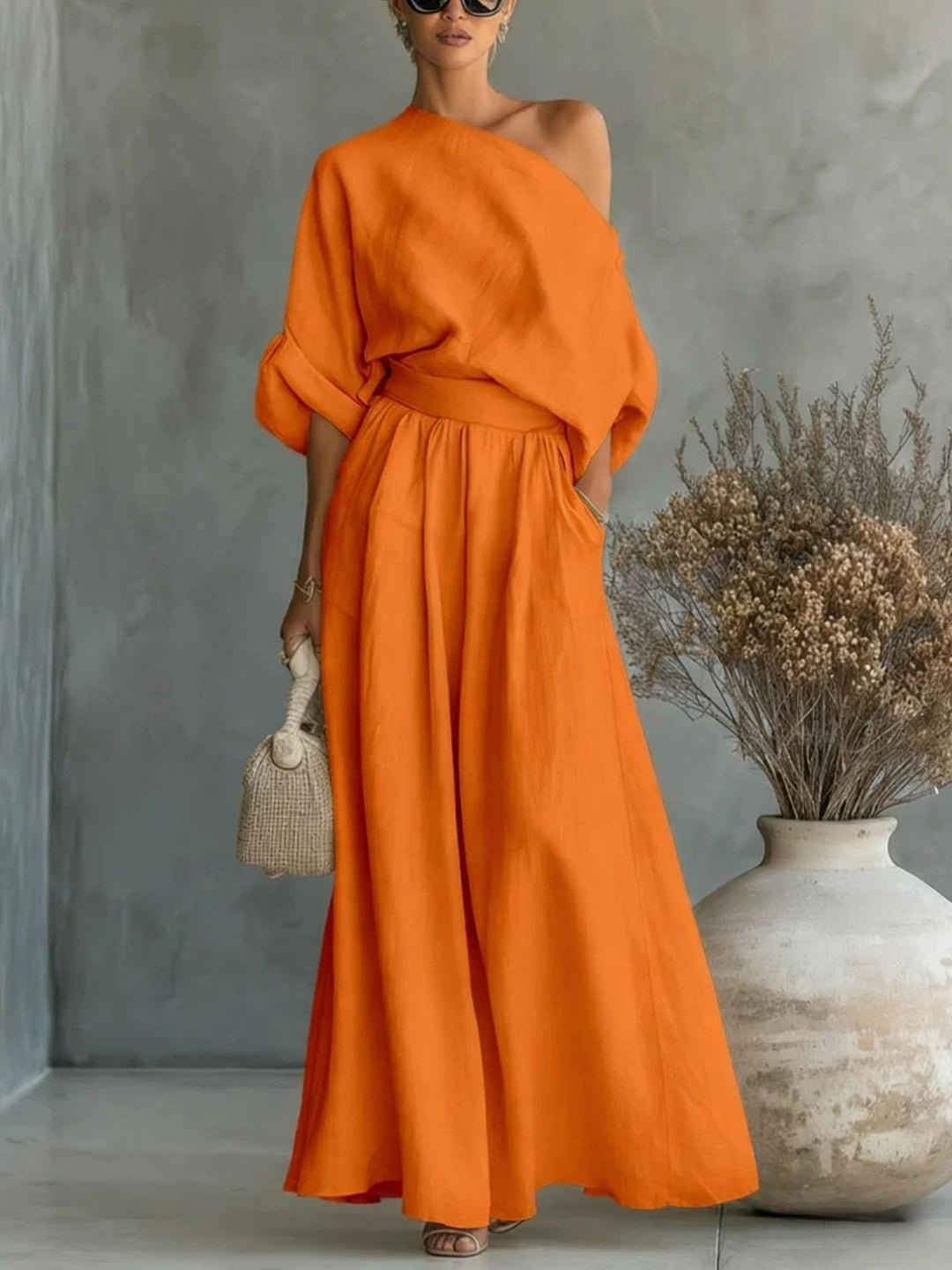 Linen Two Piece Set Women – Draped Blouse & Wide Leg Trousers