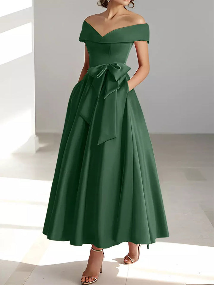 Mother of the Bride Dress Satin A-Line – Off-Shoulder Ankle Pockets