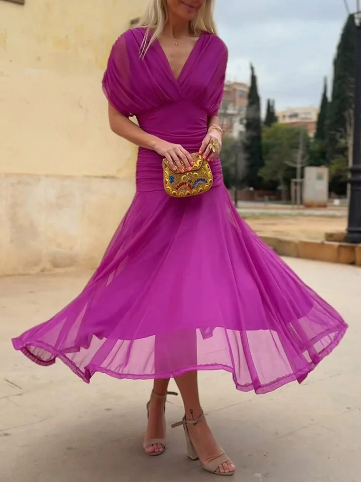 Wrap Maxi Dress – V-Neck Short Sleeve Sheer Detail