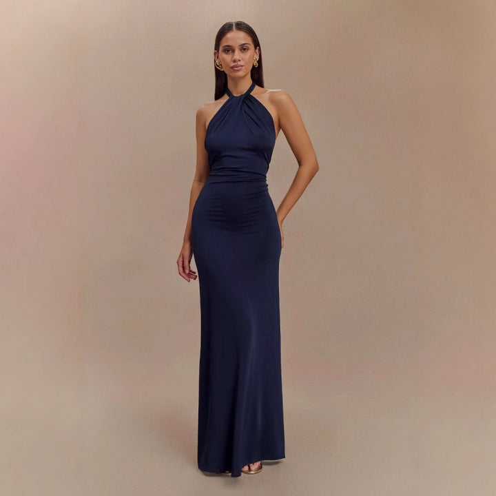 Satin Halter Maxi Gown – Open Back Ruched Waist Dress